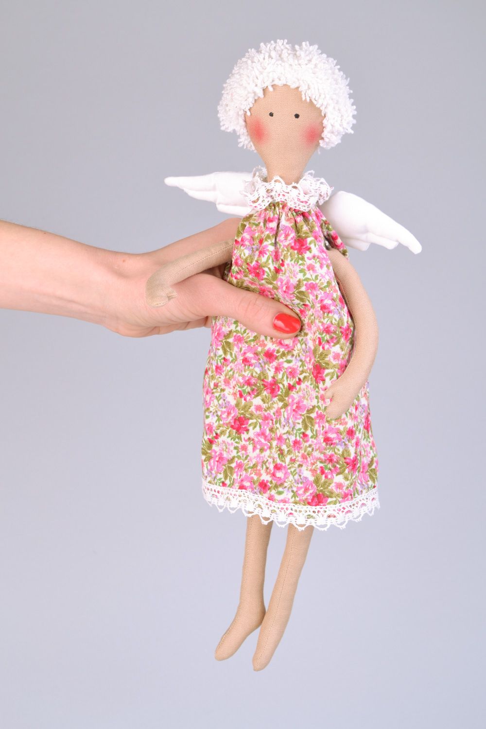 Handmade designer soft doll angel sewn of cotton with white hair and wings photo 1