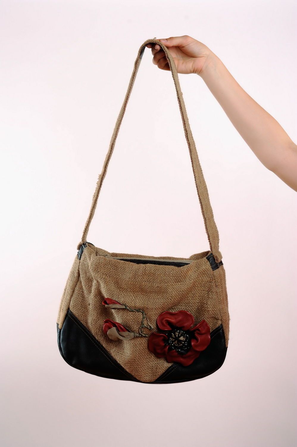 Handmade Tasche aus Leder und Sackgewebe Mohnblumen foto 1