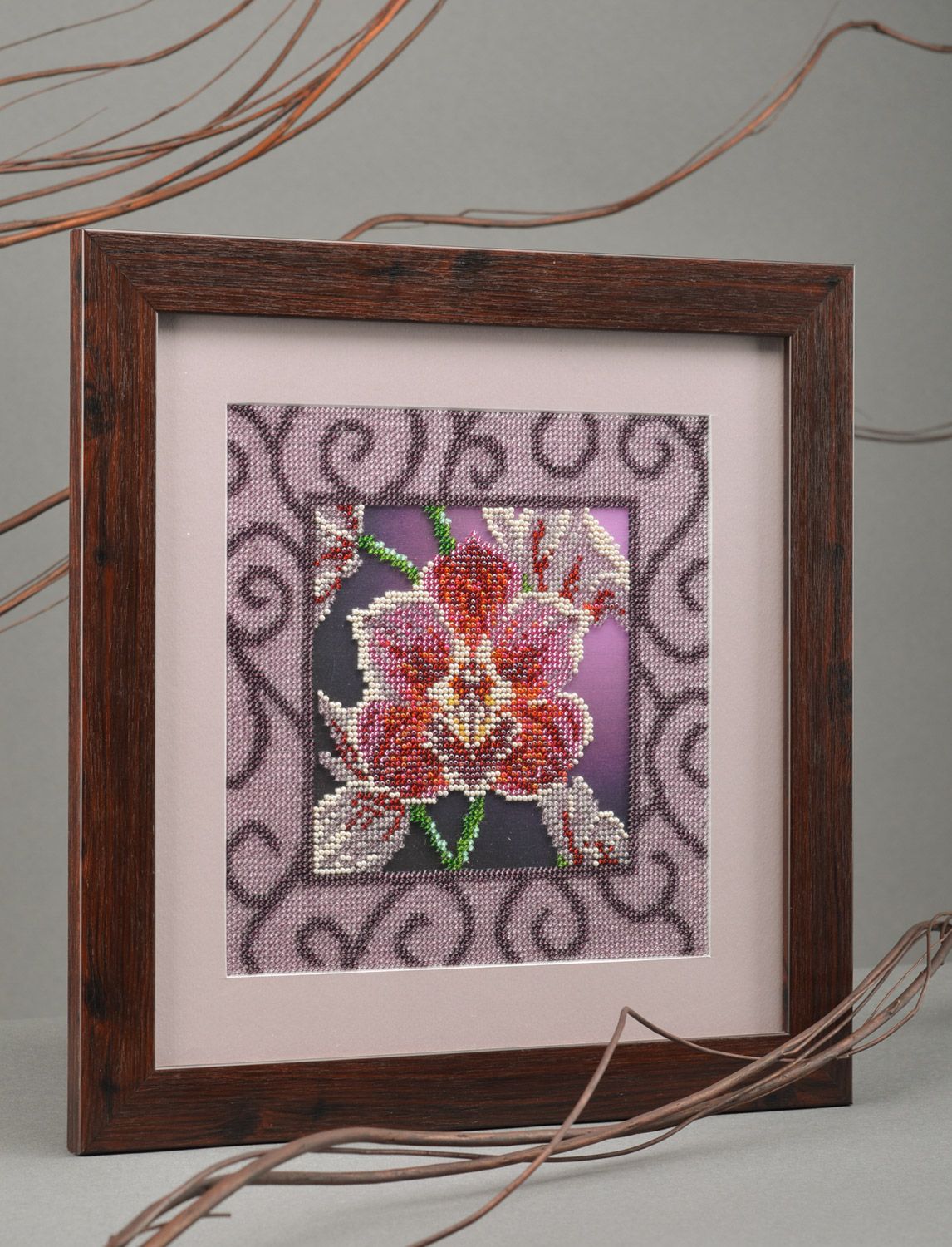 Beautiful handmade wall picture embroidered with beads in frame Orchid  photo 1