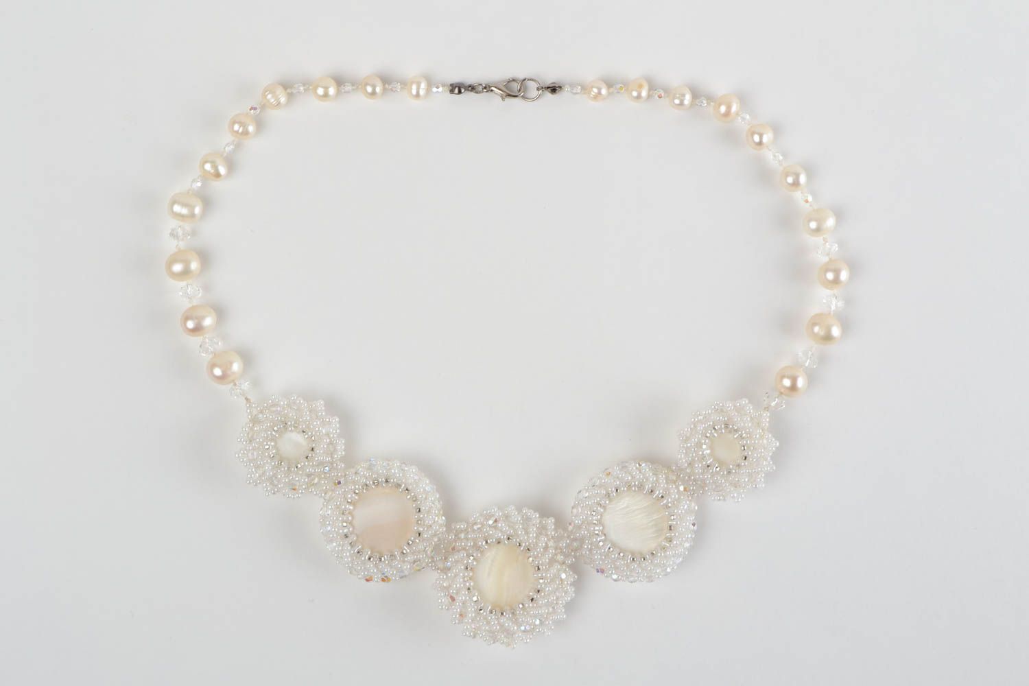 Beautiful white handmade necklace made of beads and natural stone Bride photo 1