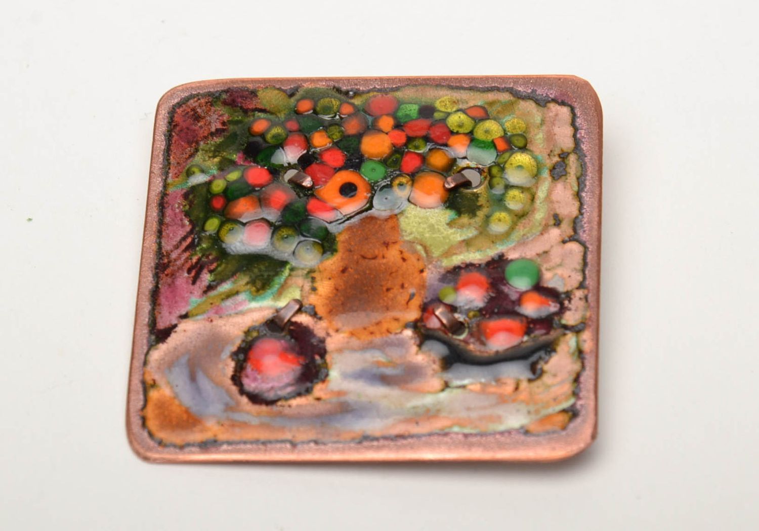 Copper brooch painted with enamels Still Life photo 3