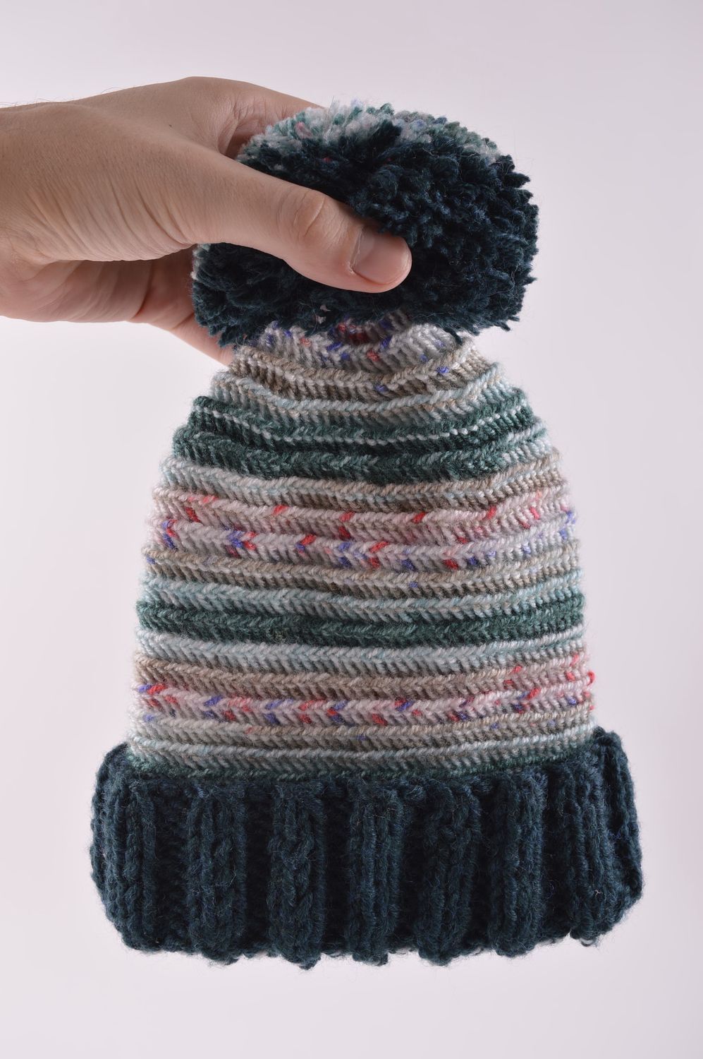 Головной убор хэнд мэйд зимняя женская шапка полосатая с помпоном зимняя шапка фото 5