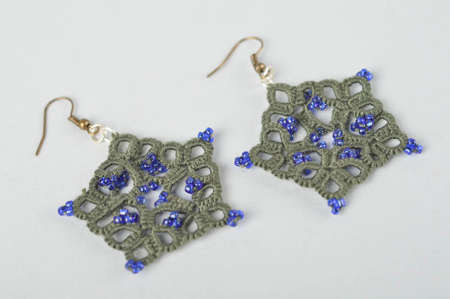 Handmade lace earrings stylish green jewelry unusual designer accessories photo 2