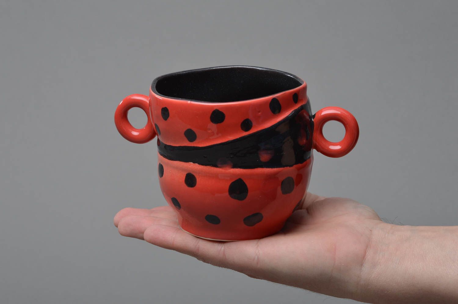 Ladybug porcelain coffee cup with three handles photo 4