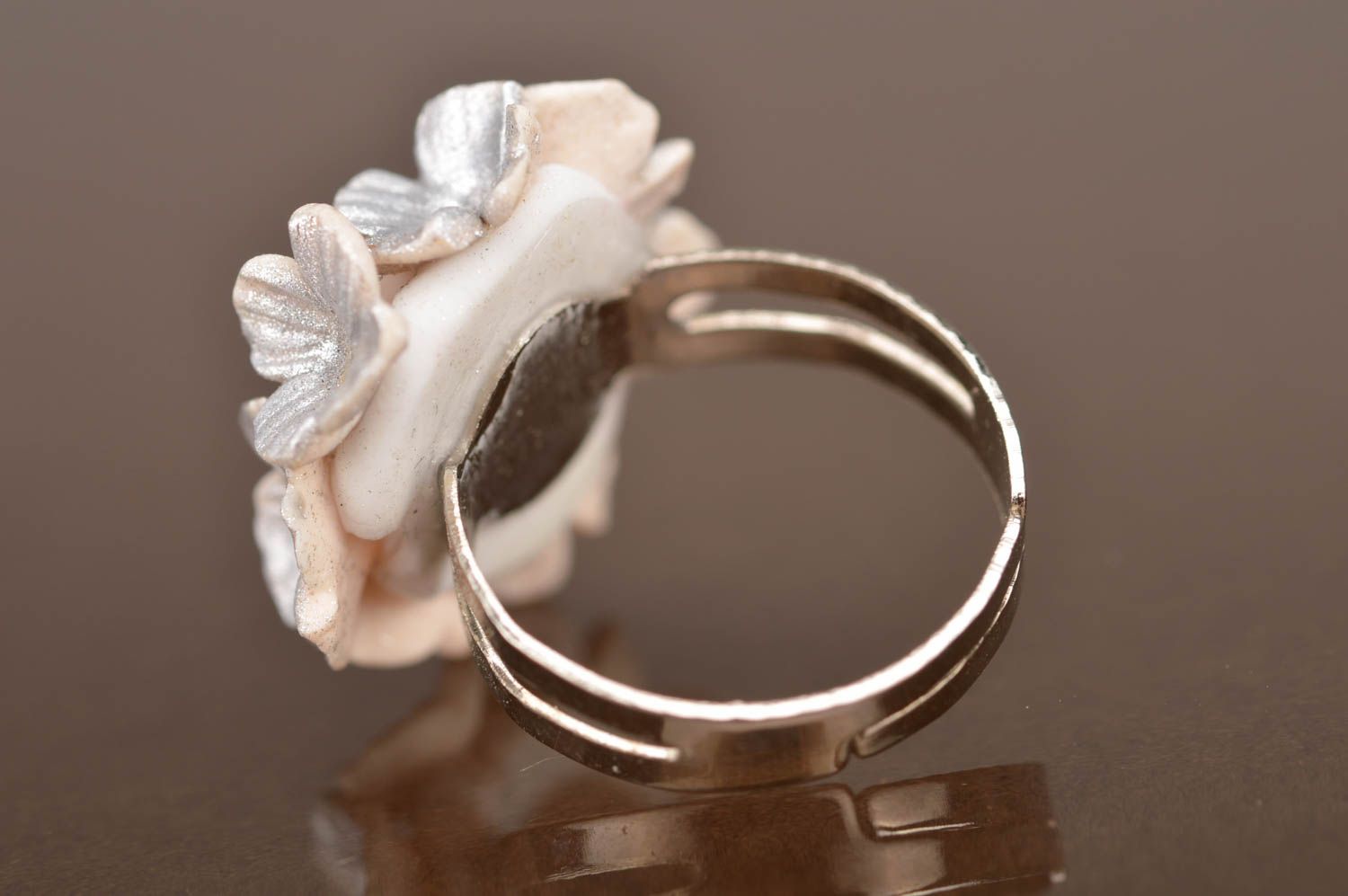 Handmade polymer clay silver floral volume designer jewelry ring on metal basis photo 3