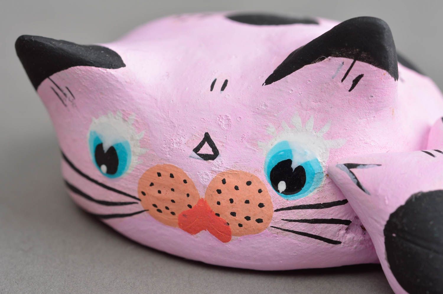 Figurine chat rose avec chaton en céramique faite main décorative petite photo 5