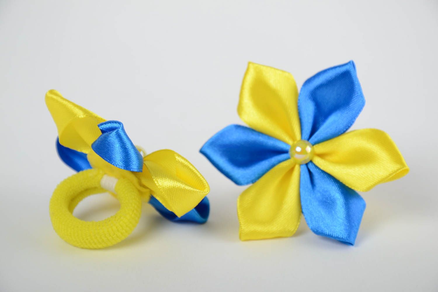 Children's handmade textile kanzashi hair ties set 2 pieces yellow and blue photo 2