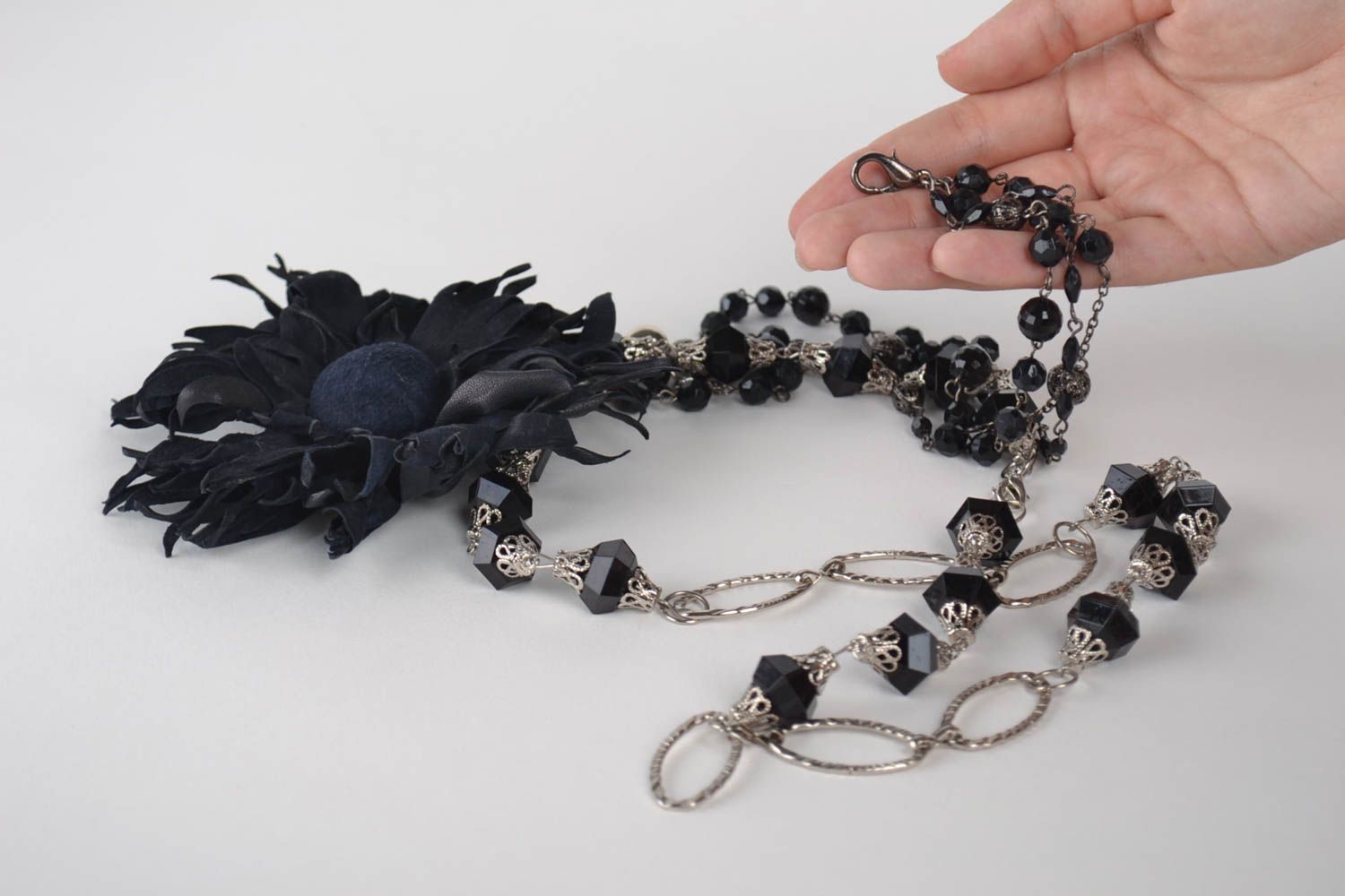 Handmade black leather pendant designer genuine leather necklace for woman photo 5