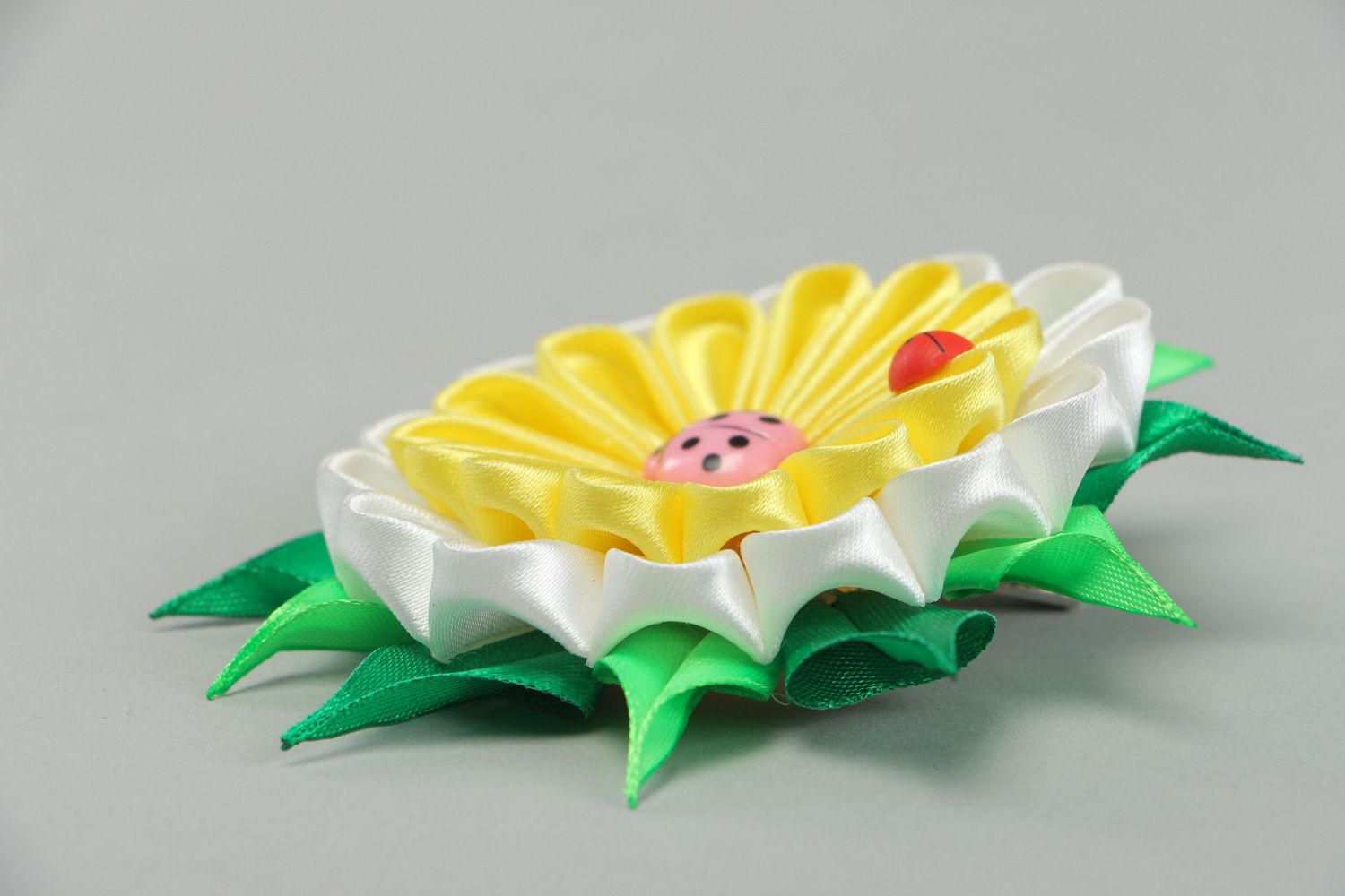 Bright handmade hair clip with yellow kanzashi flower and decorative ladybirds photo 2