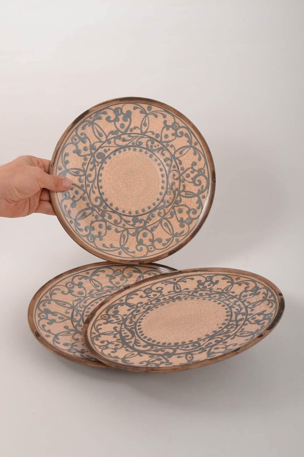 Керамические тарелки ручной работы глиняная посуда расписные тарелки 3 шт Узоры фото 5