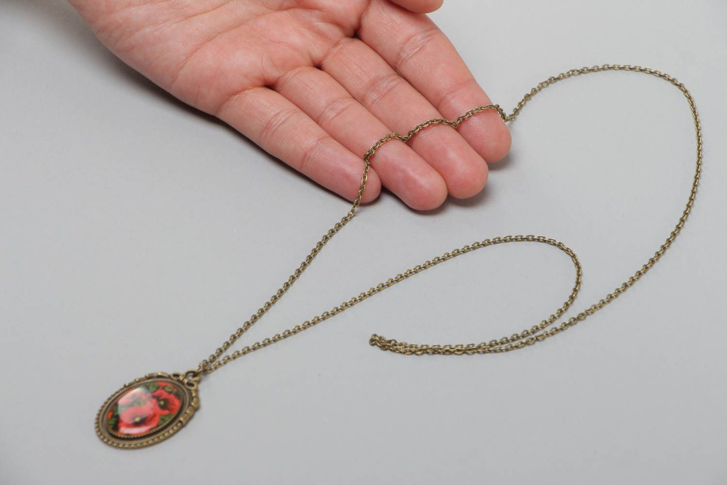 Handmade metal vintage neck pendant with glass glaze and metal chain Red Poppies photo 5