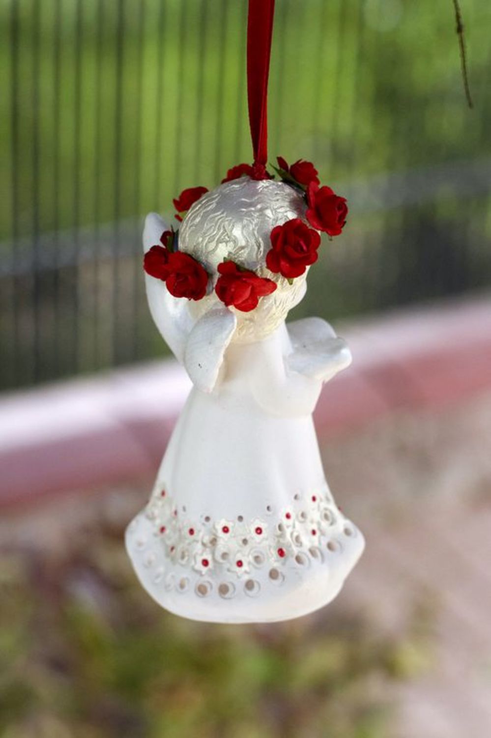 Ceramic bell, decorative pendant Angel in red wreath photo 4