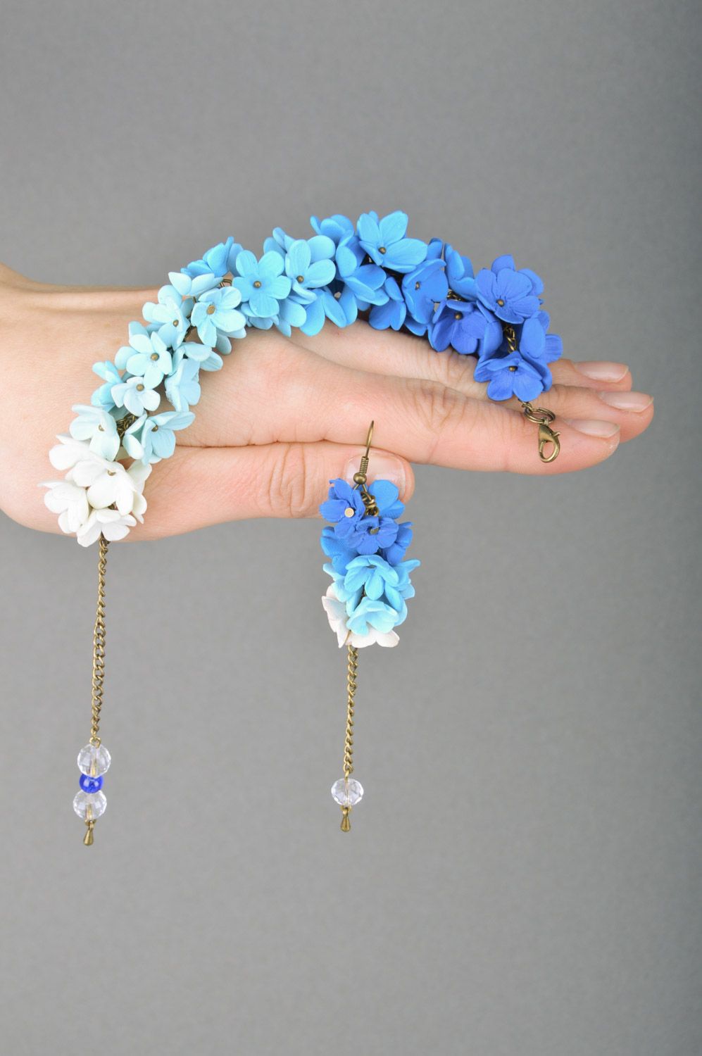 Set of handmade jewelry made of polymer clay bracelet and earrings with blue flowers photo 3