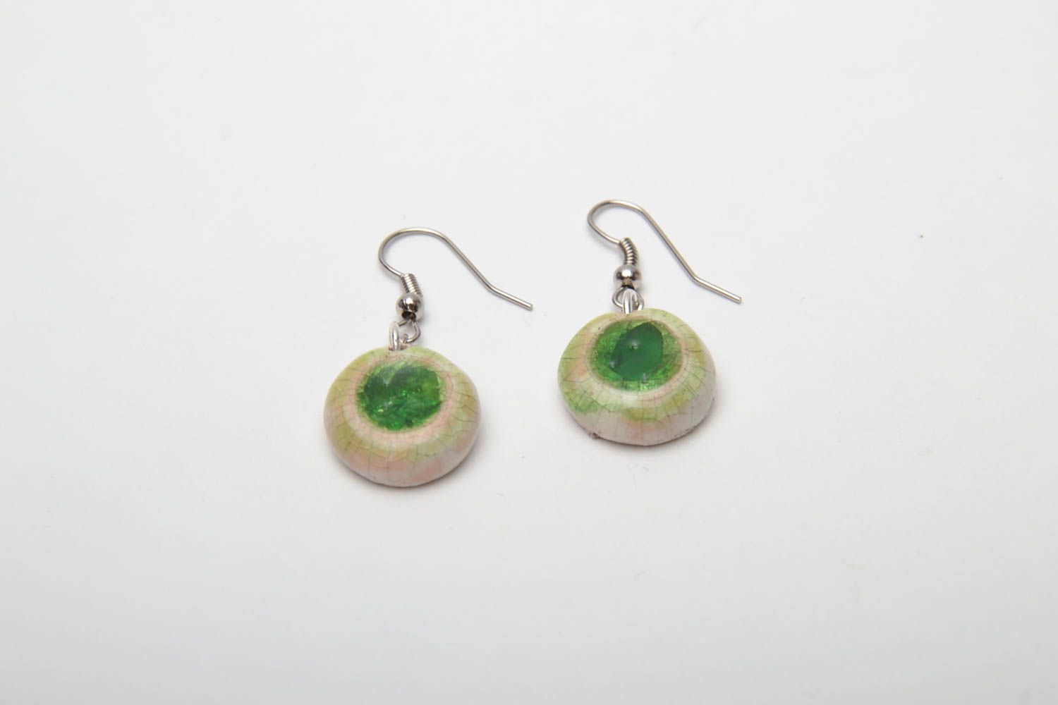 Round ceramic earrings with colorful glass of green color photo 2