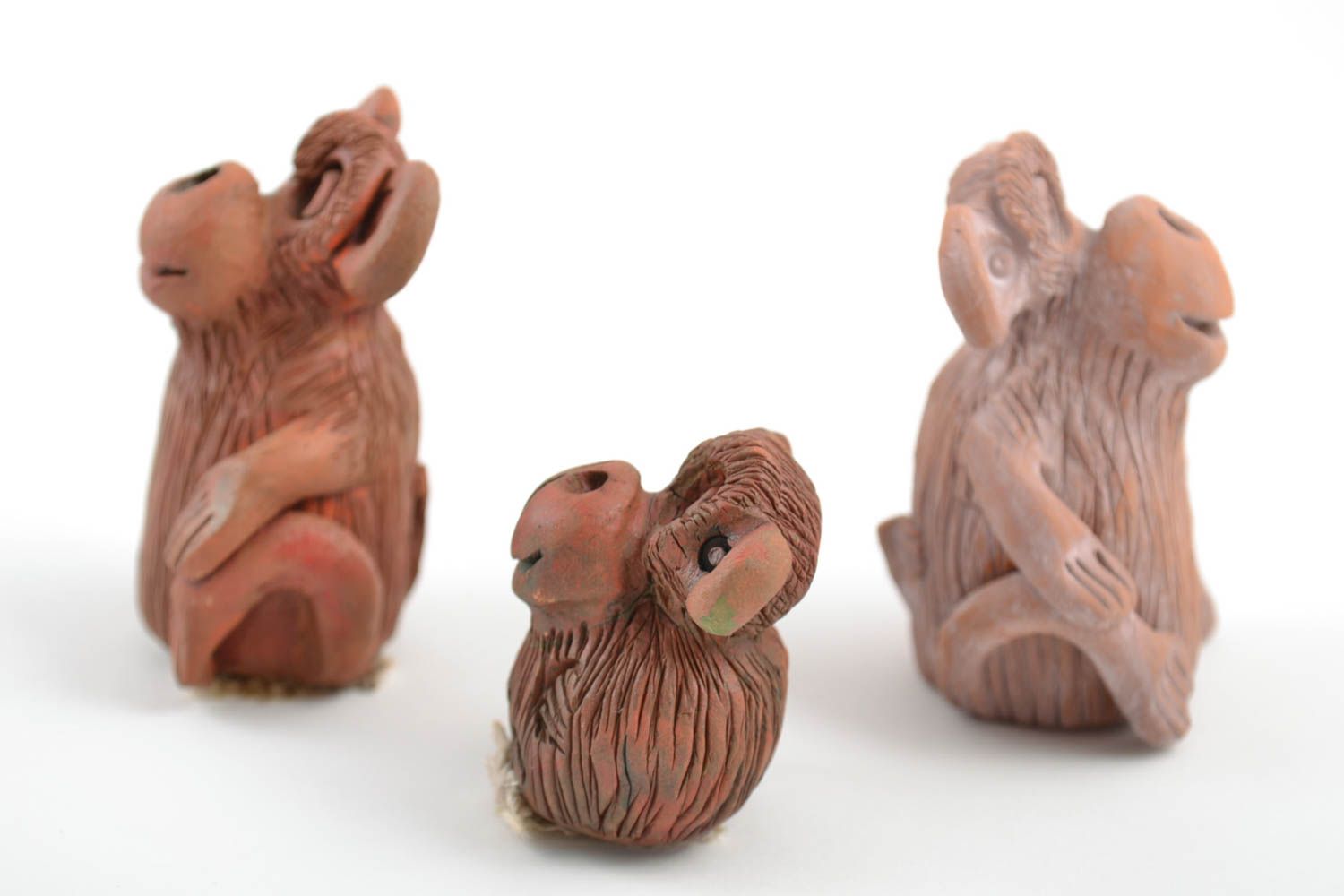 Handmade designer's ceramic statuettes set 3 pieces little monkeys photo 4