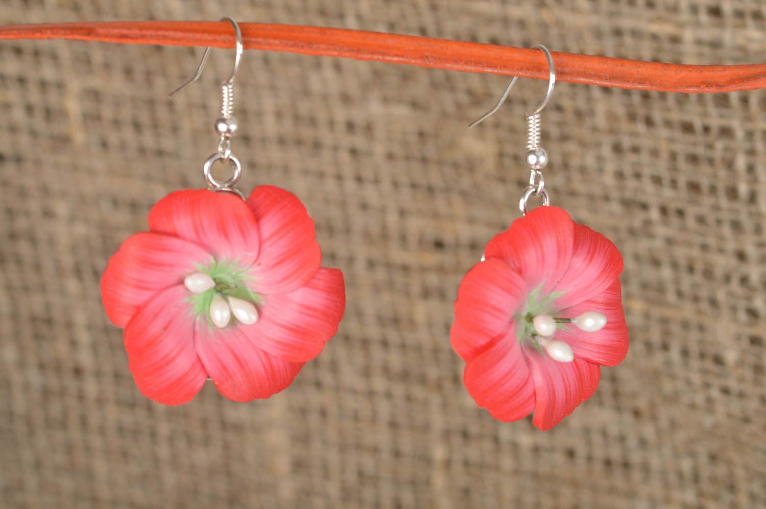 Handmade designer polymer clay earrings with red flowers summer jewelry photo 1