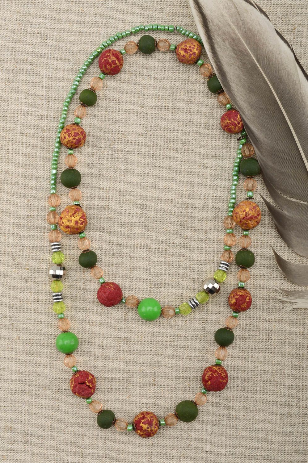 Langes Damen Collier handmade Polymer Schmuck Accessoire für Frauen grün braun foto 1