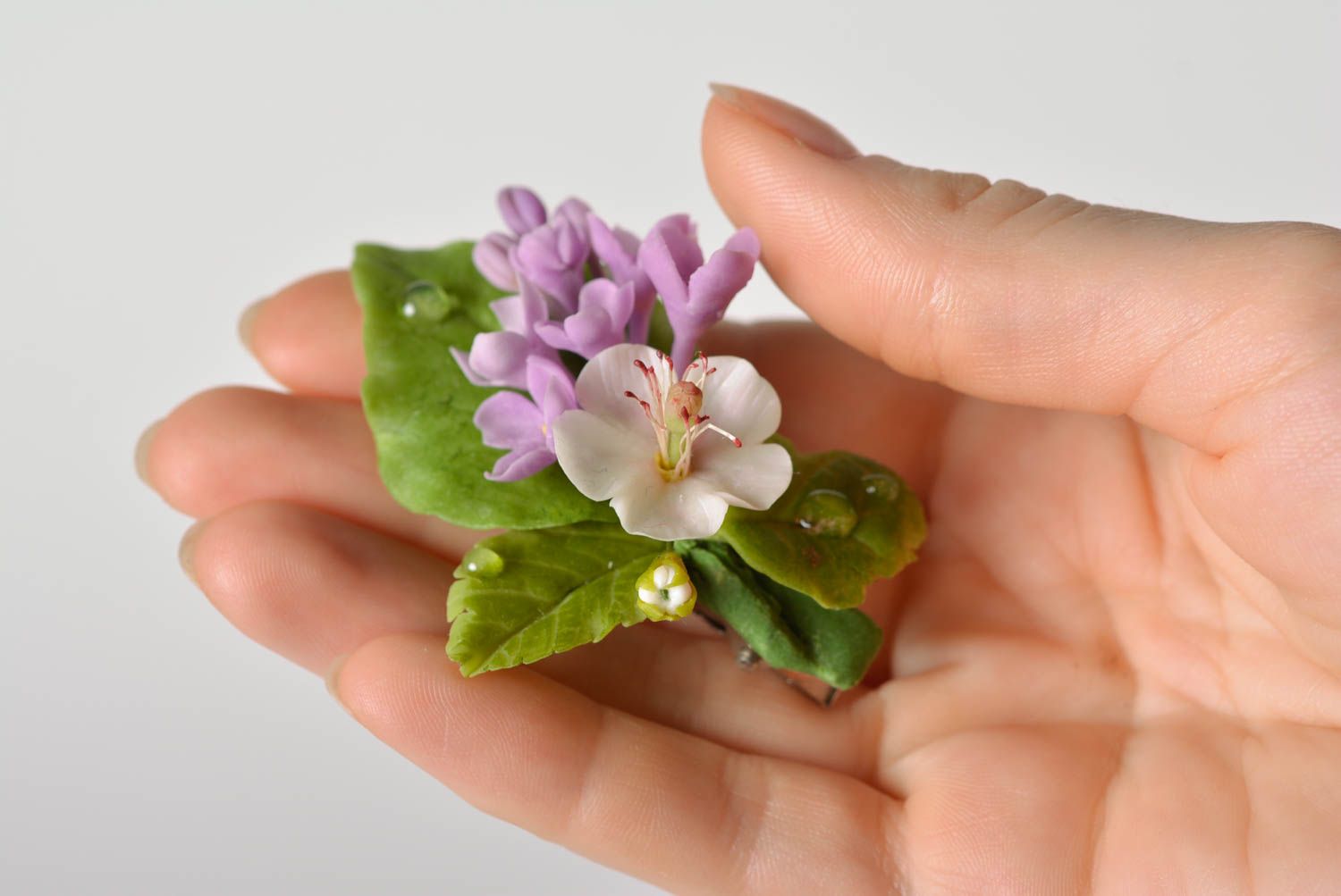 Small gentle handmade designer hair clip with polymer clay flowers beautiful photo 1