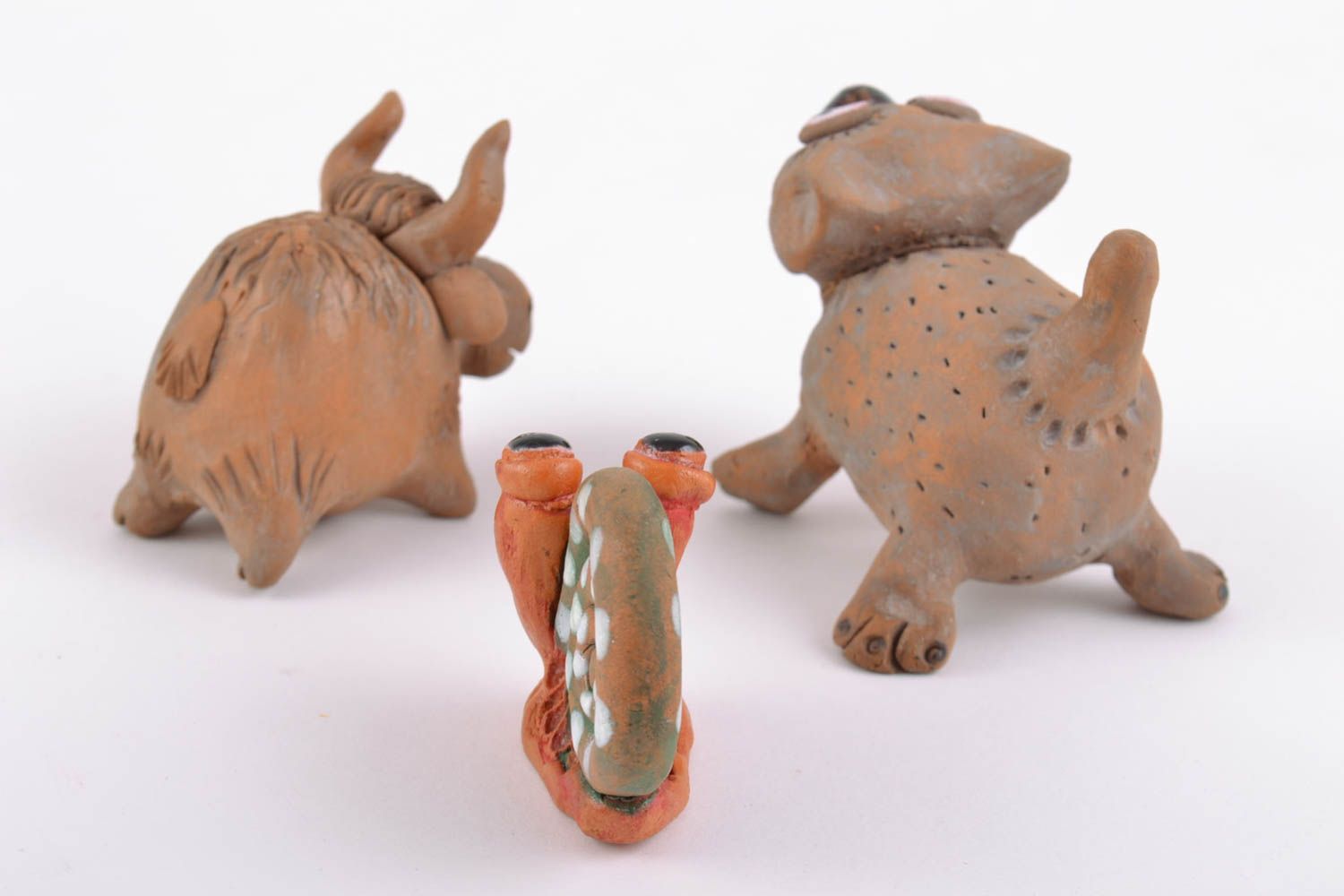 Set of 3 handmade small funny collectible ceramic figurines bull cat snail photo 5