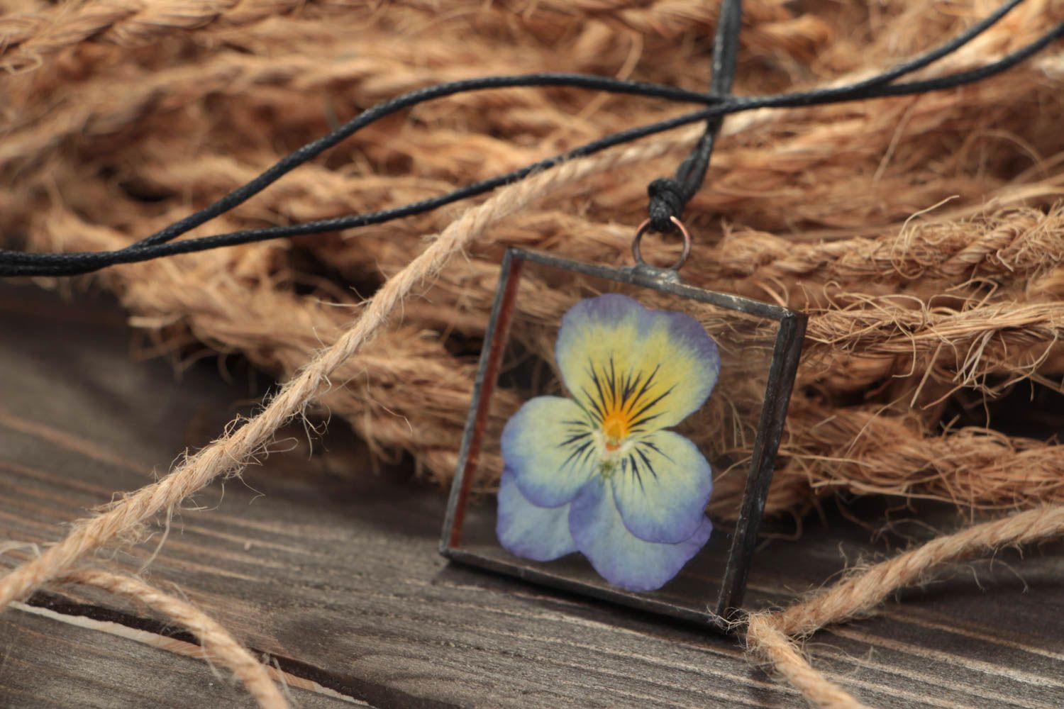 Beautiful handmade stained glass pendant with real flower Pansies for women photo 1