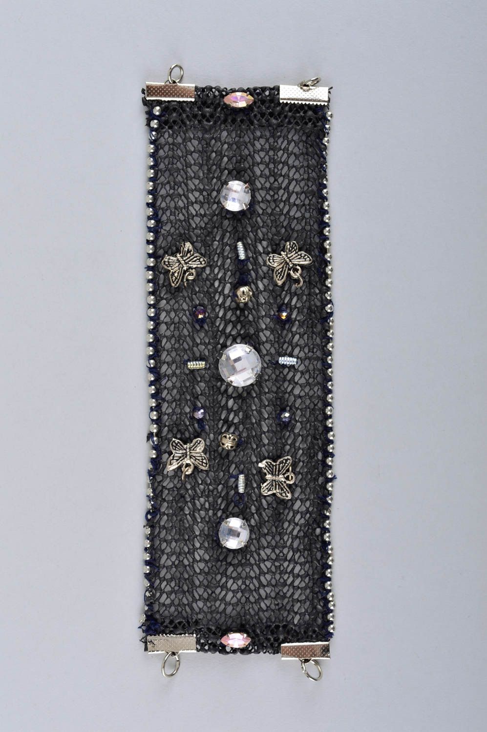 Bracelet large Bijou fait main noir en faux cuir avec strass Cadeau femme photo 2