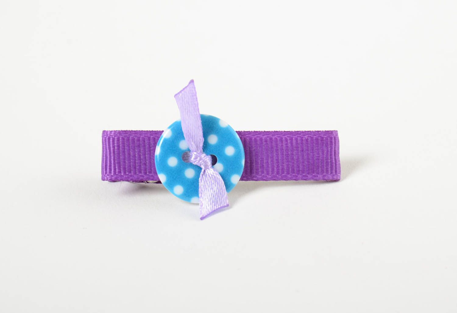 Handgemachte schöne Kinder Haarspange aus Ripsband mit Knopf violett blau foto 4