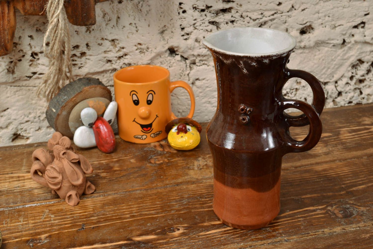 Origineller handgemachter Keramik Krug mit 2 Henkeln öko reines Ton Geschirr 1 l foto 1