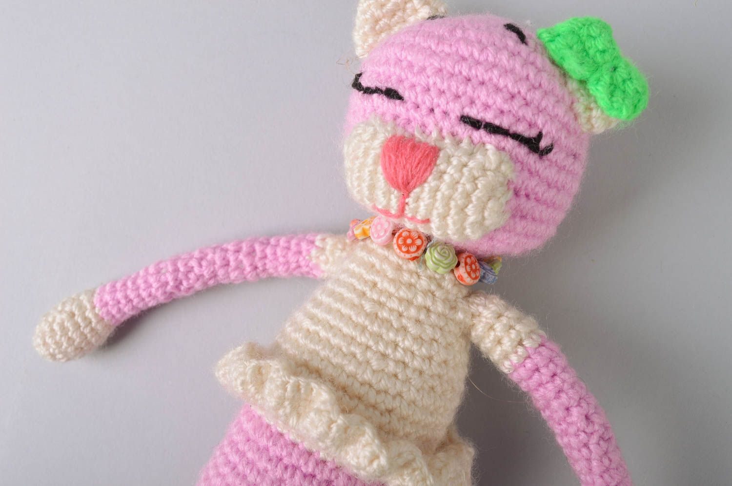 Handmade designer crocheted soft toy pink cat in dress with green bow  photo 3