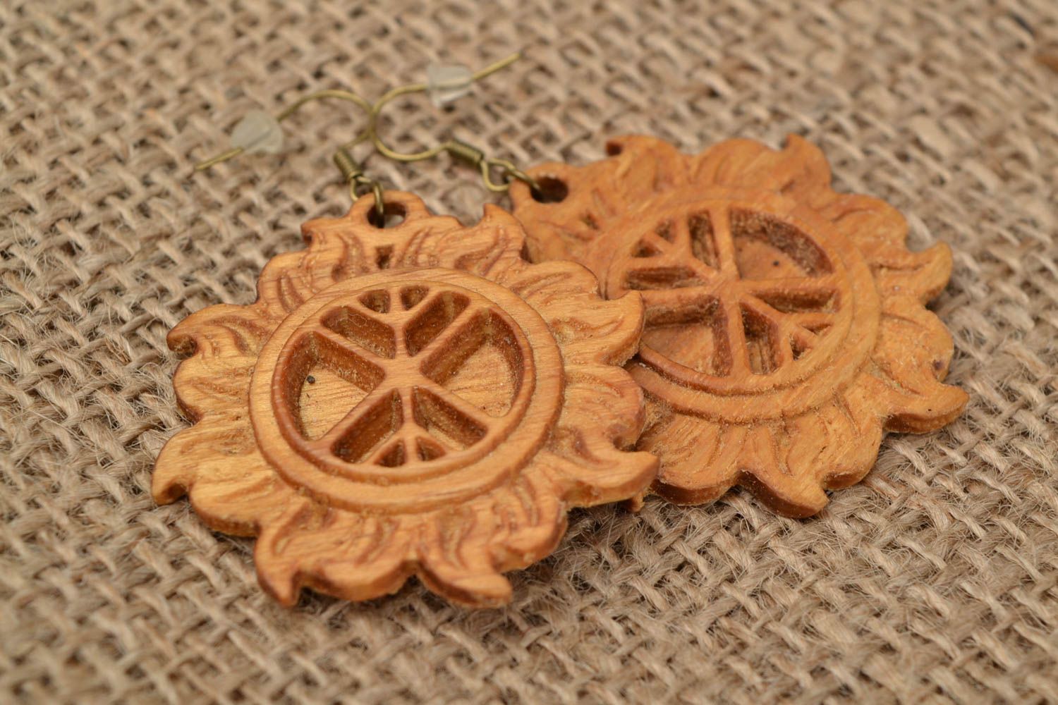 Handmade wooden dangle earrings with ancient Slavic symbol Tree of Life in Sun photo 1