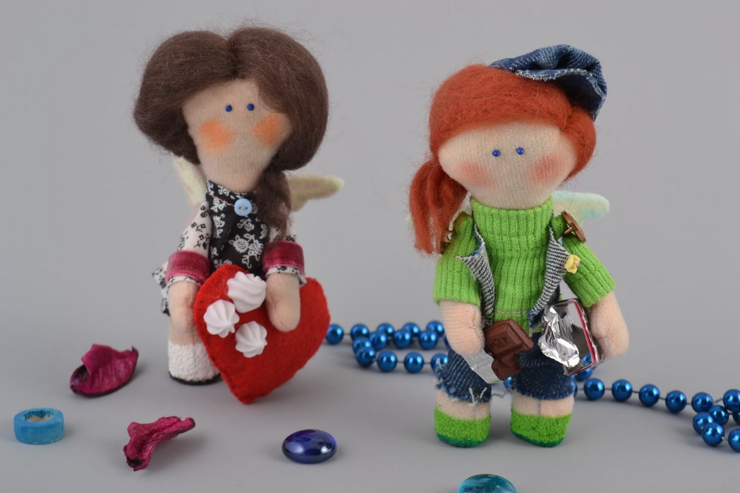 Set of 2 handmade decorative felt fabric soft dolls for interior design photo 1