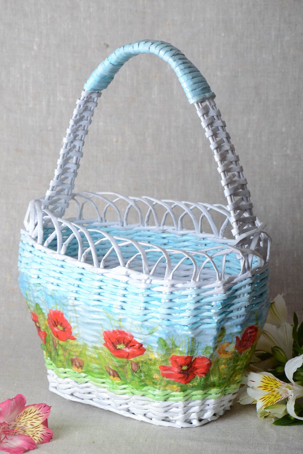 Woven basket made of paper rod in blue shades with painting handmade photo 1