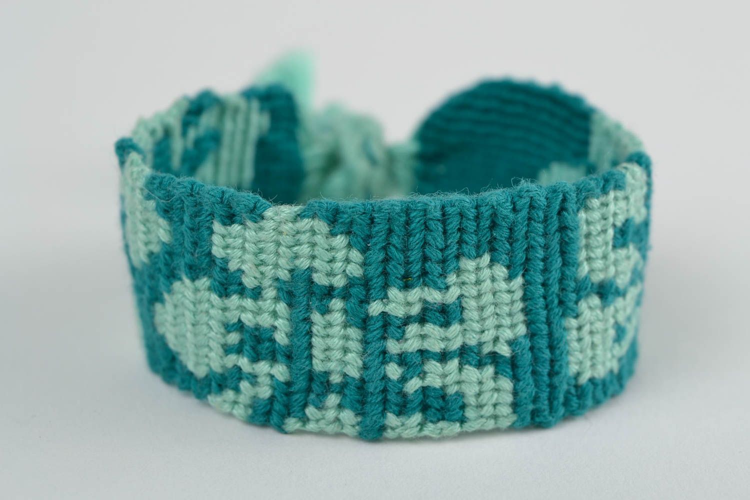 Handmade designer macrame woven wrist bracelet of turquoise color for women photo 3