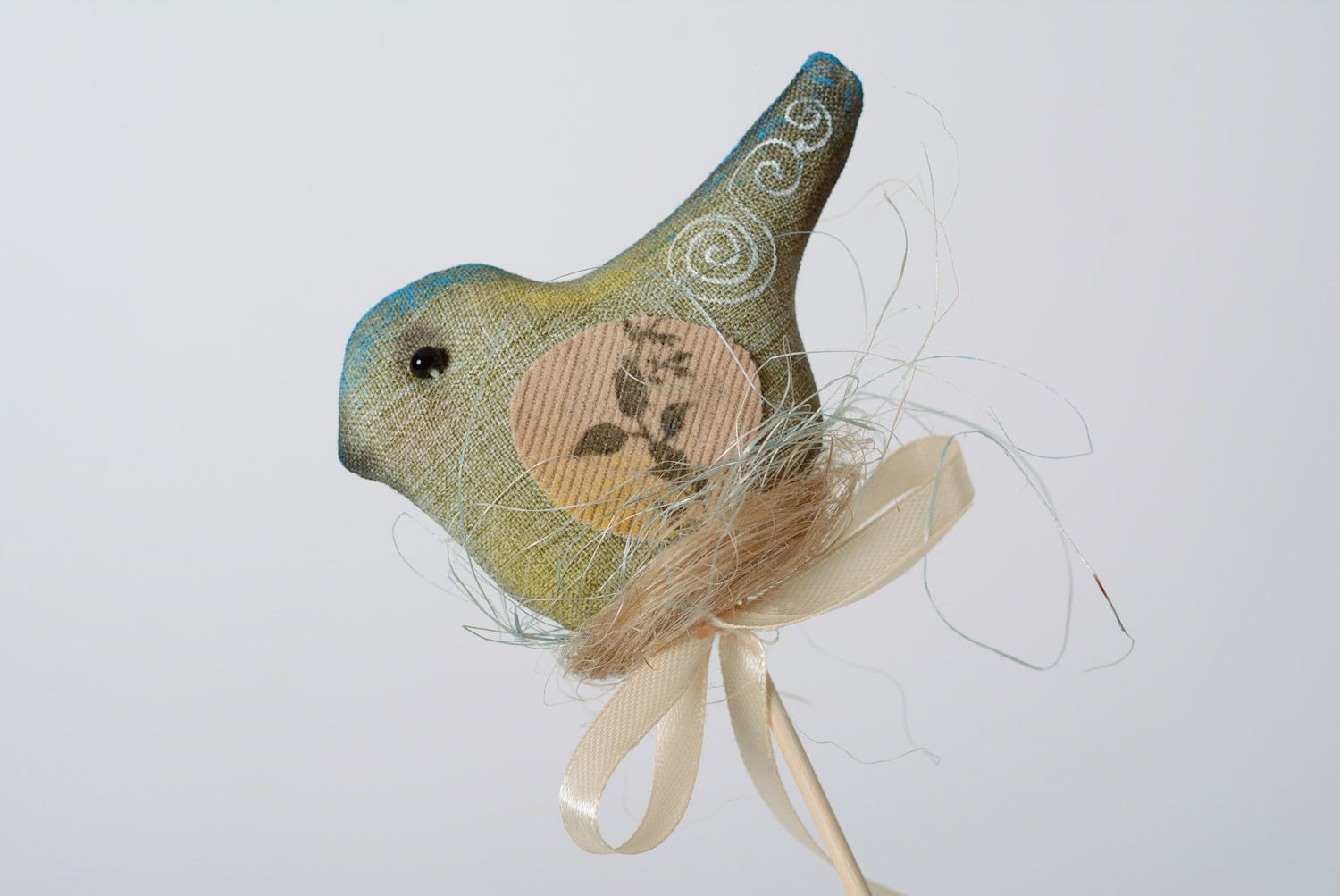 Handmade small soft toy on wooden stick flowerpot decoration sewn of linen Bird photo 2