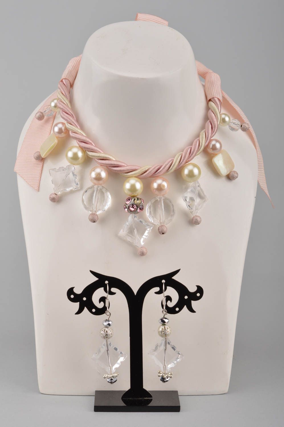 Handmade beautiful unusual set of jewelry necklace and earrings of pink shade photo 1