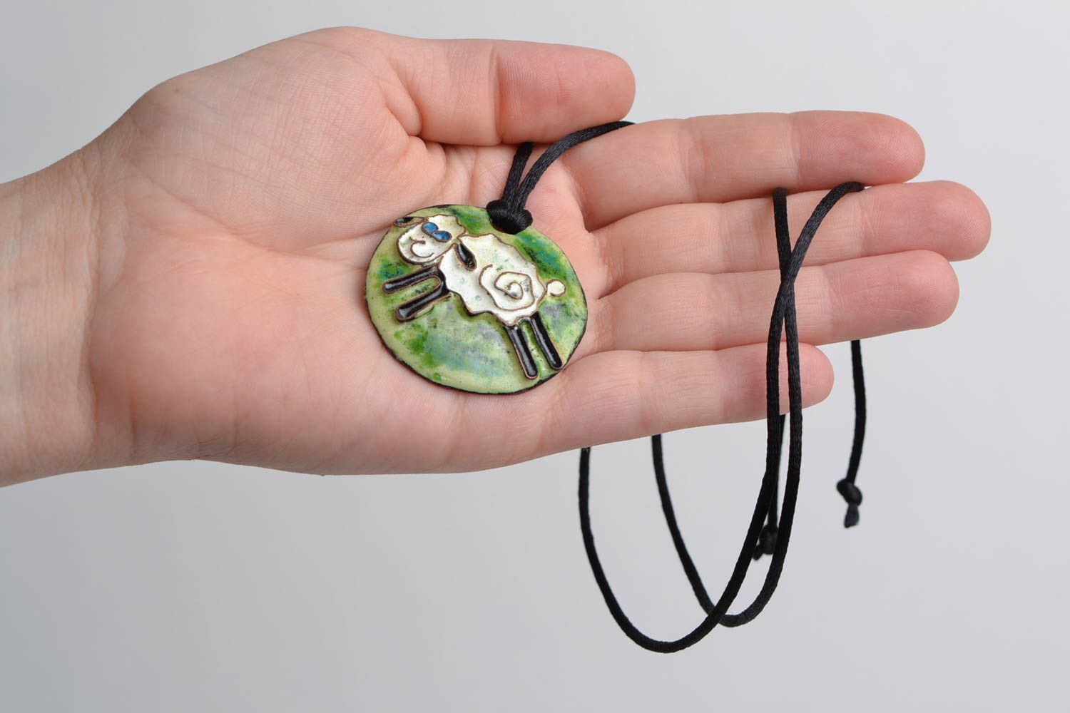 Handmade designer round enameled copper pendant necklace with funny lamb on cord photo 2