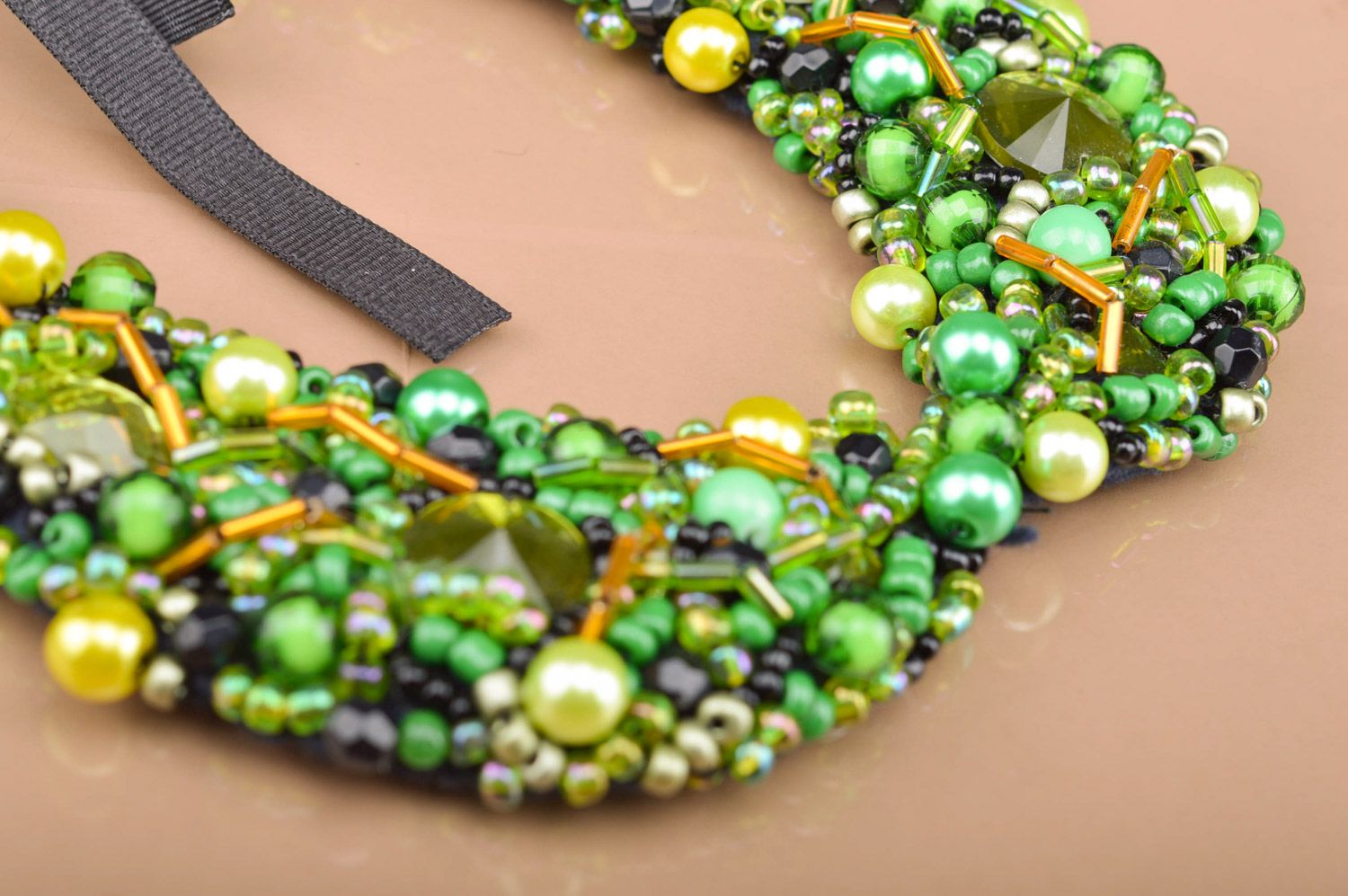 Saturated green handmade collar embroidered with beads and spangles with ribbons photo 3