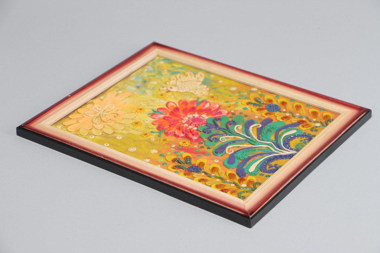 Cuadro de arcilla plastilina multicolor artesanal con pajaritos enmarcado foto 4