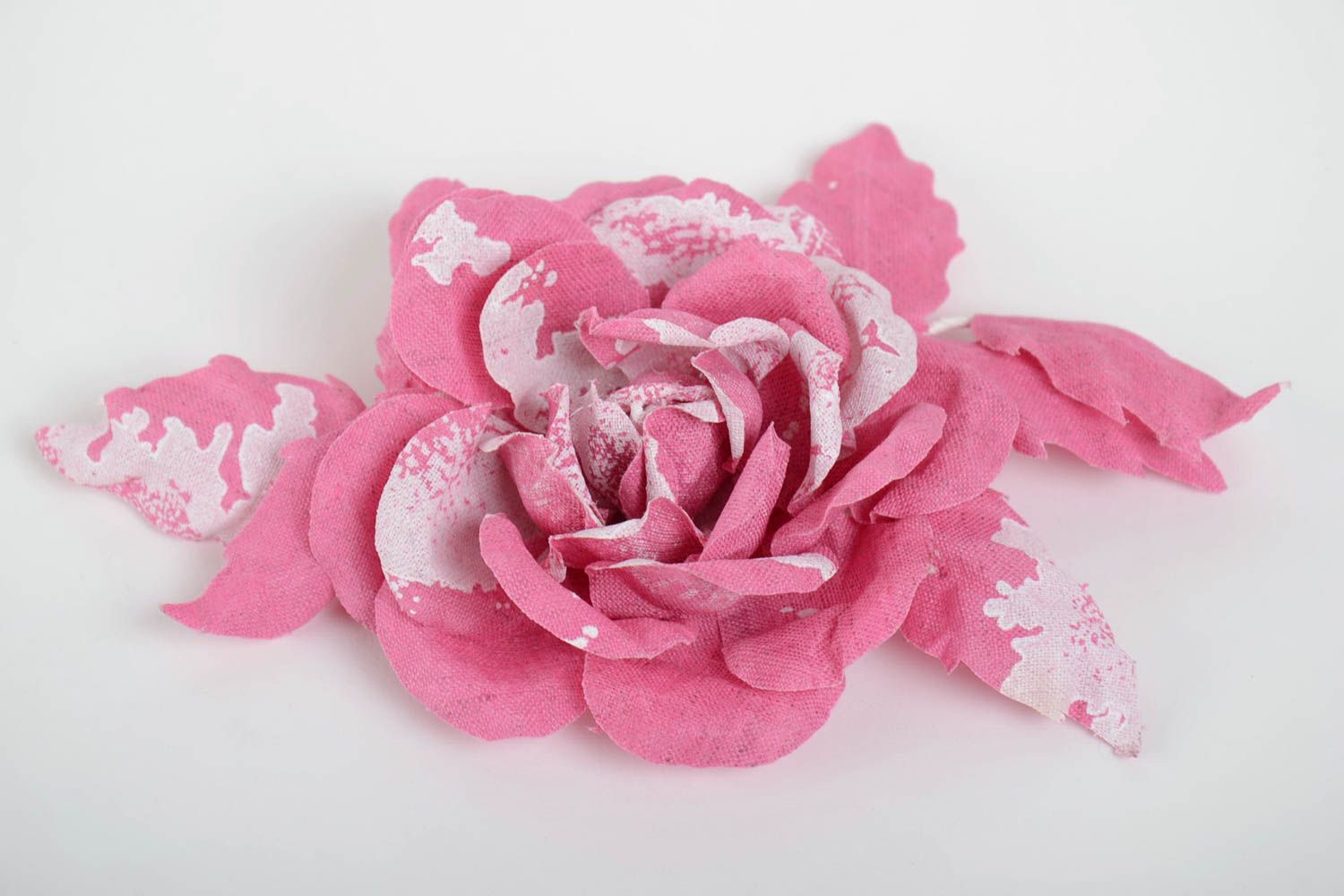 Handmade hair clip brooch with large volume fabric flower of pink color photo 2