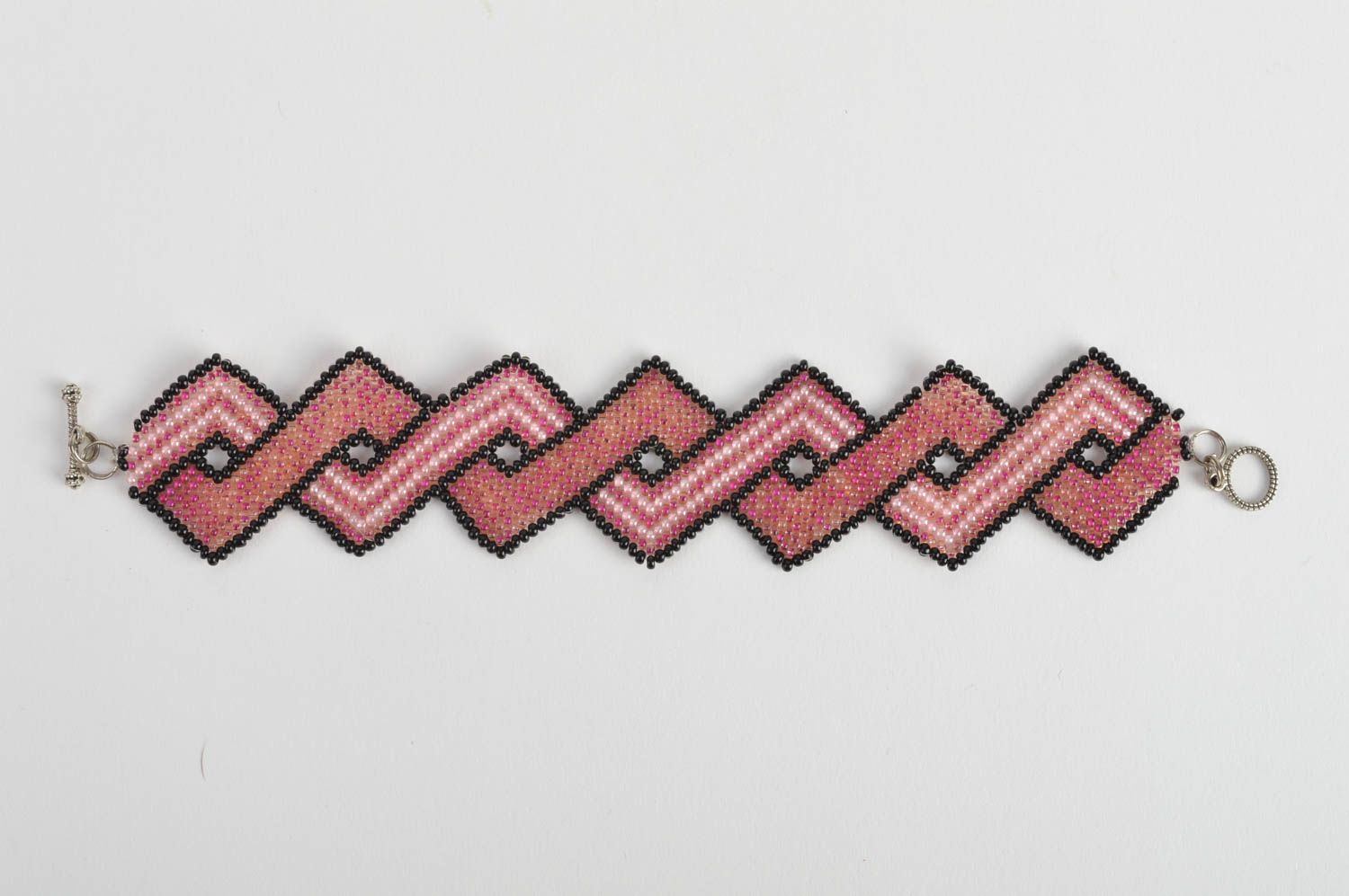 Designer women's wrist bracelet woven of pink Czech beads handmade Rhombus photo 2