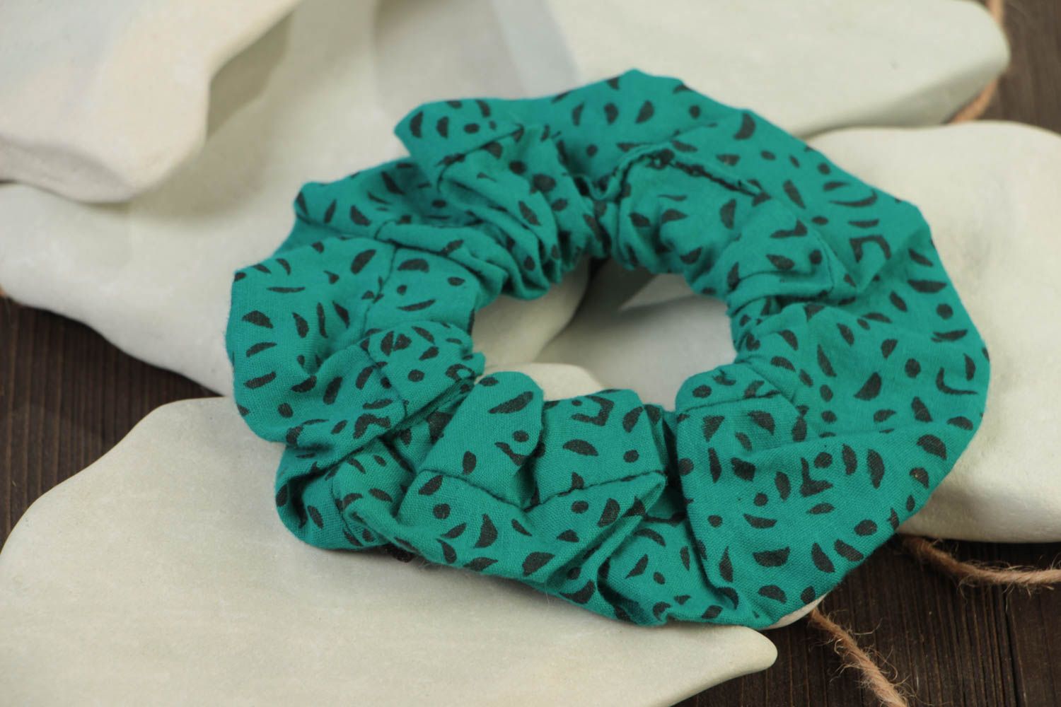 Handmade decorative fabric elastic band of turquoise color with black spots photo 1