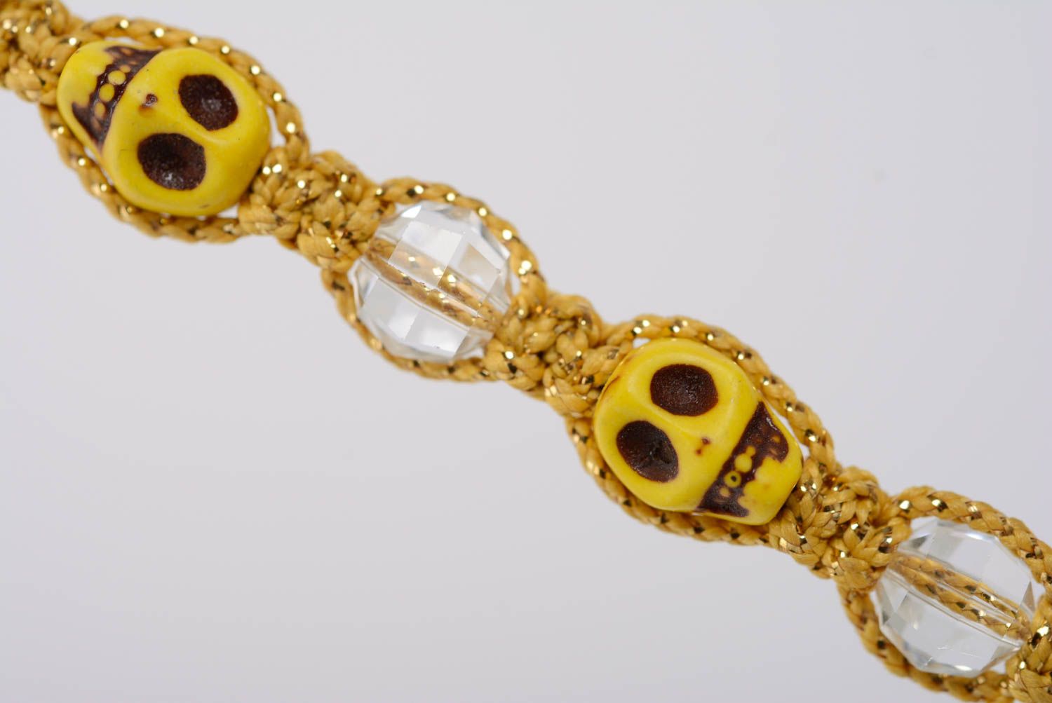 Beautiful yellow handmade macrame woven wrist bracelet with skulls adjustable photo 4