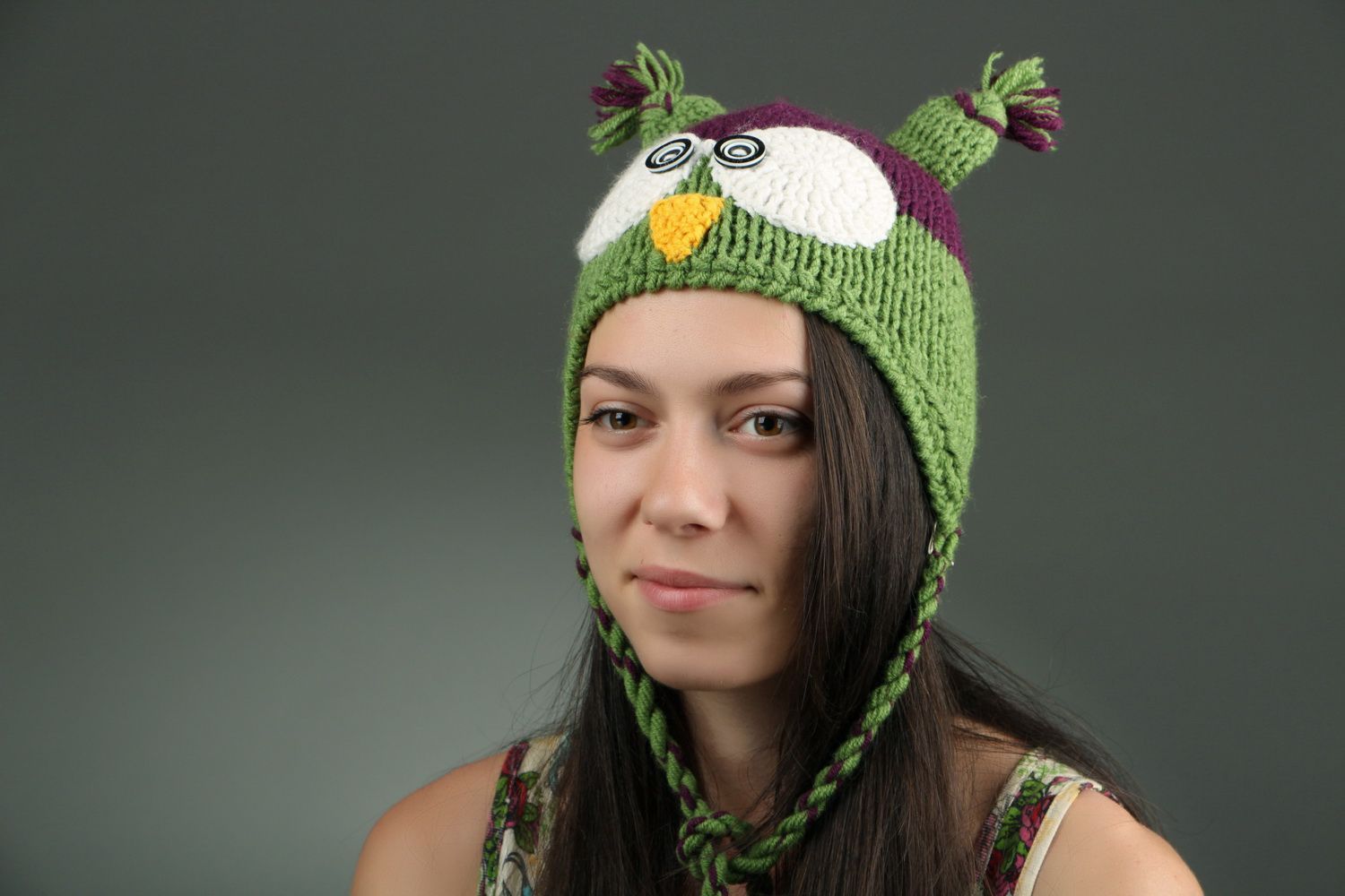 Bonnet tricoté hibou vert en demi laine photo 5