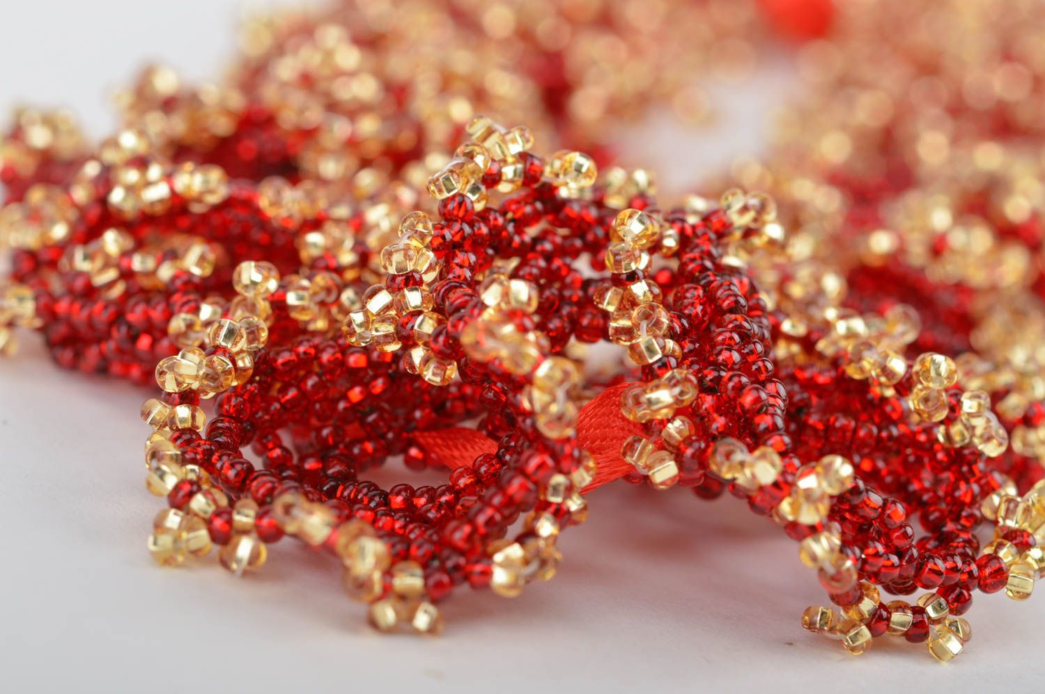 Unusual handmade designer stylish beaded necklace of red and gold colors photo 4