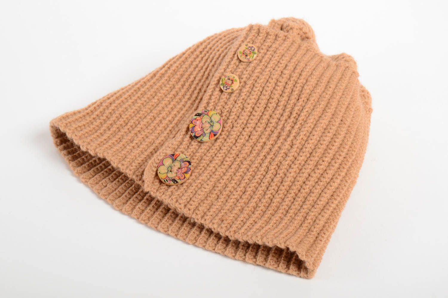 Коричневая теплая вязаная шапка ручной работы из шерсти и акрила для женщин фото 3