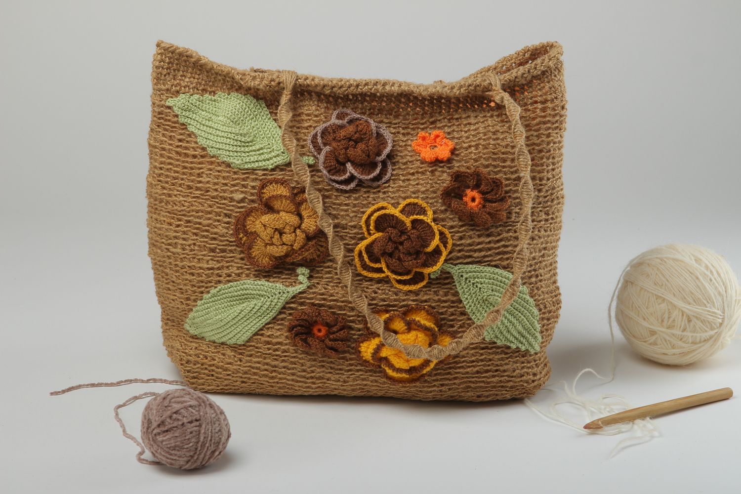 Сумка ручной работы женская сумка из бечевки и хлопка сумка макраме с цветами фото 1