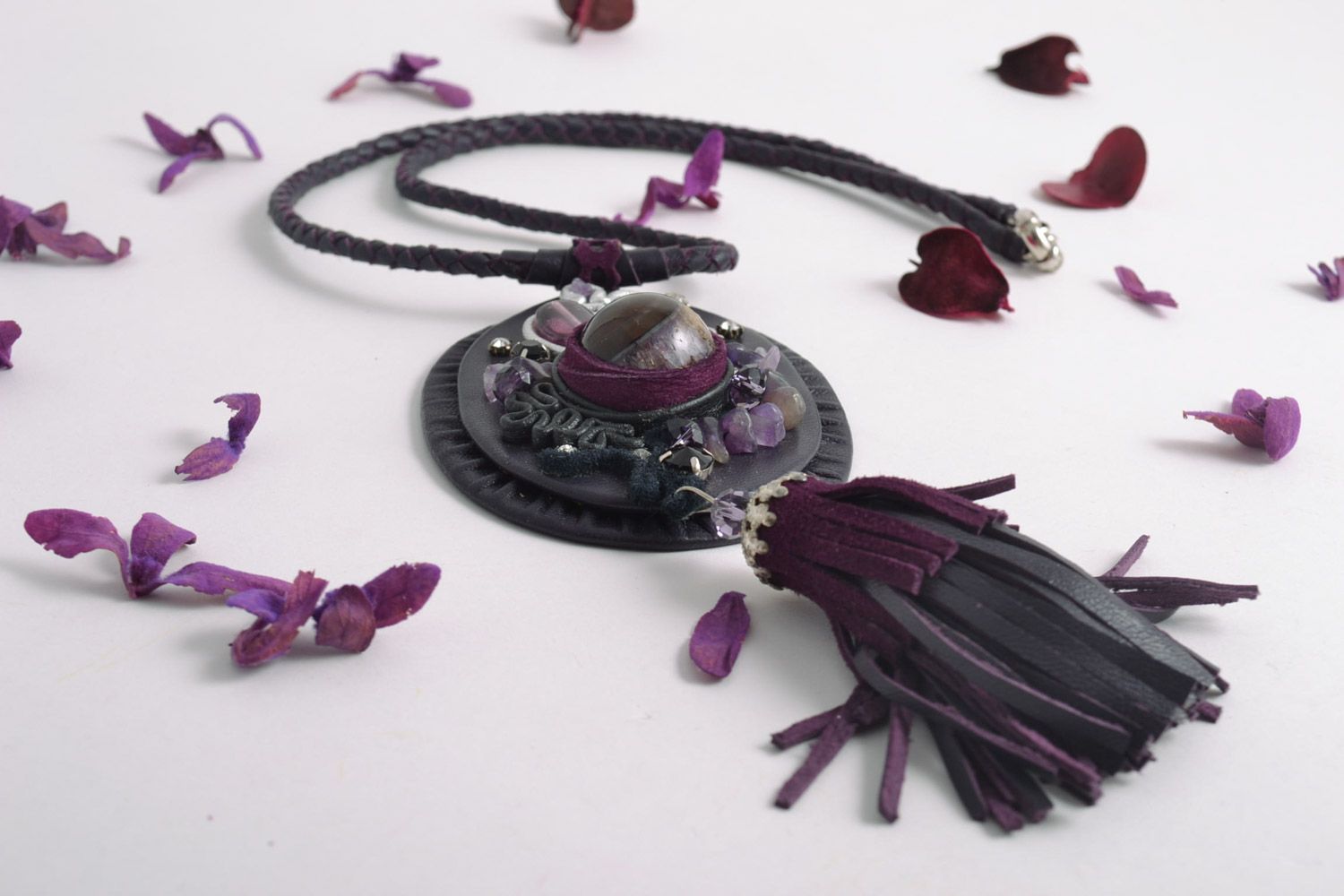 Handmade beautiful leather pendant on a long cord with with natural amethyst stone photo 1