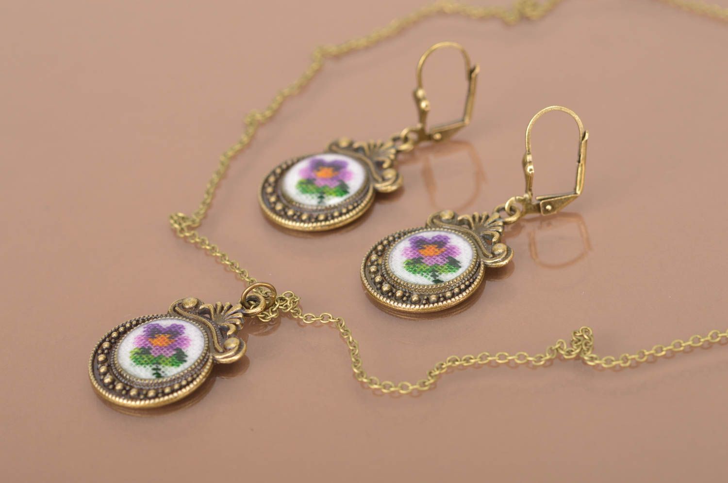 Handcrafted jewelry set stud earrings pendant necklace flower jewelry gift ideas photo 3