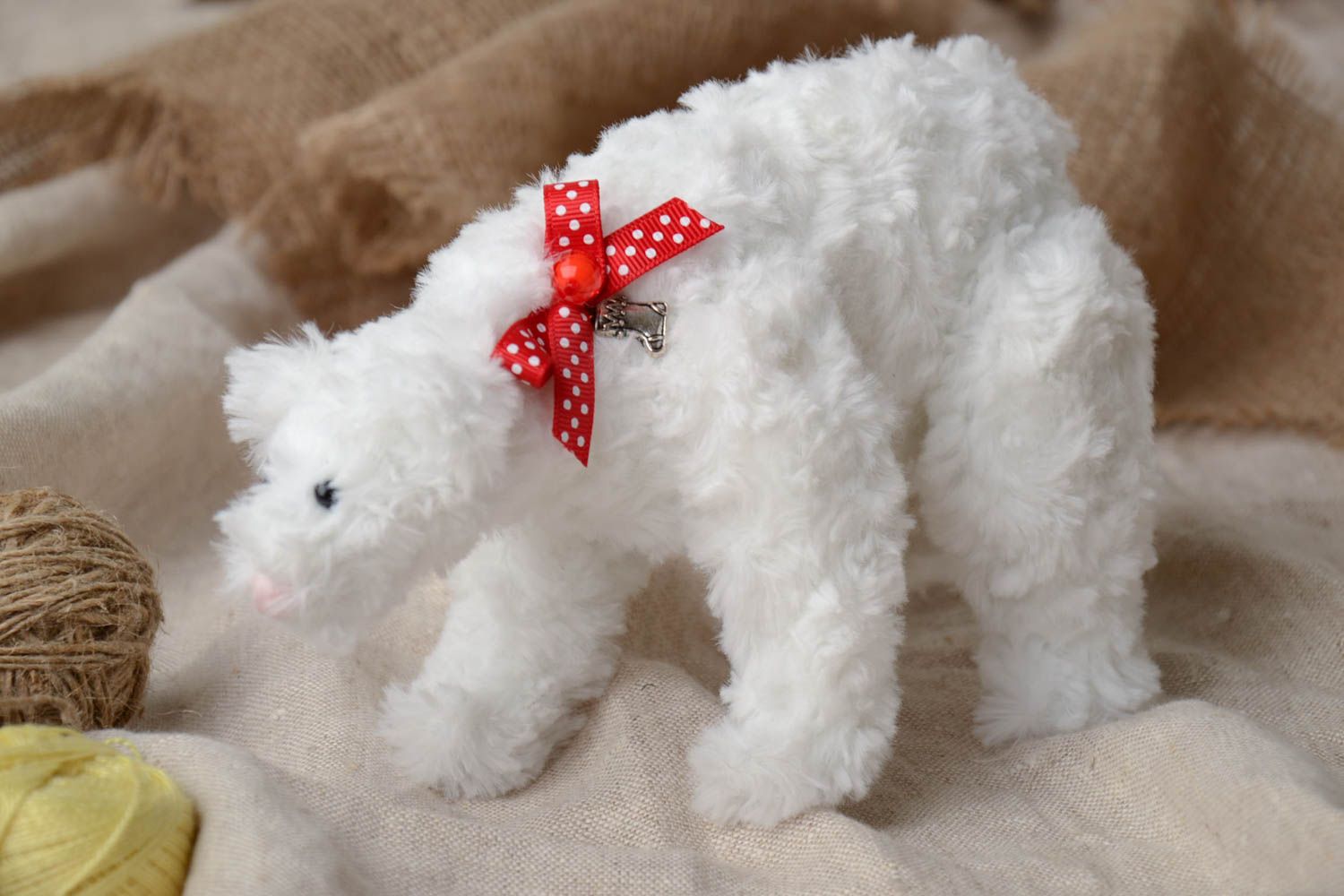 Handmade small white faux fur soft toy Polar bear with red bow for children photo 1