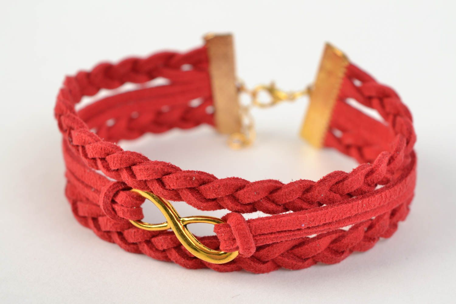 Bright red handmade woven suede bracelet with metal charm photo 3