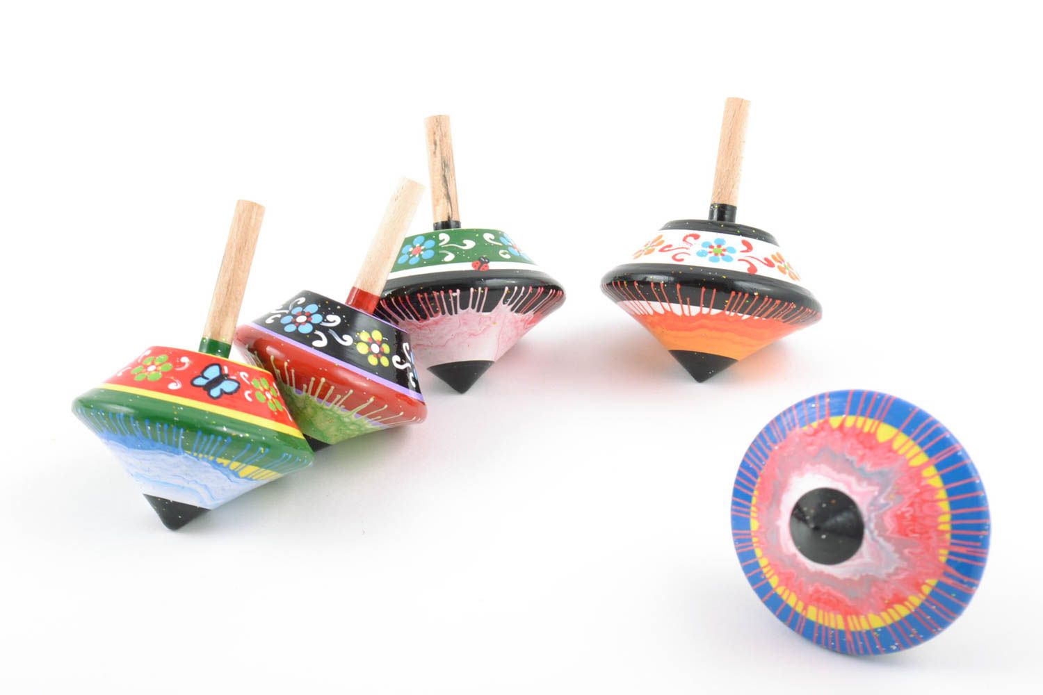 Small handmade designer painted wooden spinning tops set 5 items children's toys photo 2
